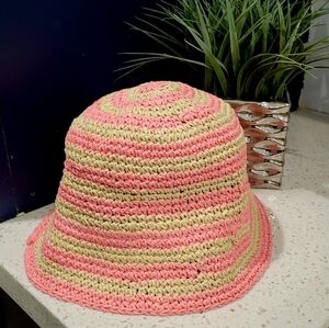 Pink and Cream Striped Woven Straw Sun Hat | OS